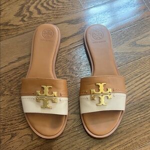 Tory Burch Gold Logo Tan and Pink Sandals